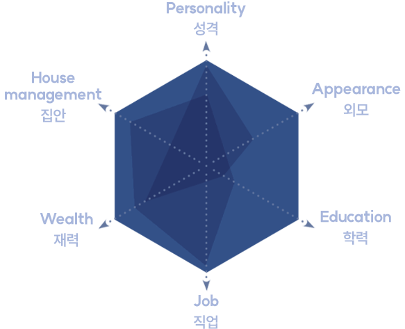 PDCA 매칭 분석 차트 - 성격, 외모, 학력, 직업, 재력, 집안